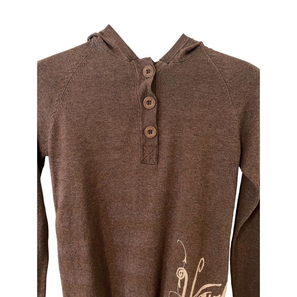 Hurley Y2K Brown Hooded 1/4 Button Pullover Side Logo Ribbed Sweater - Medium - Picture 3 of 8
